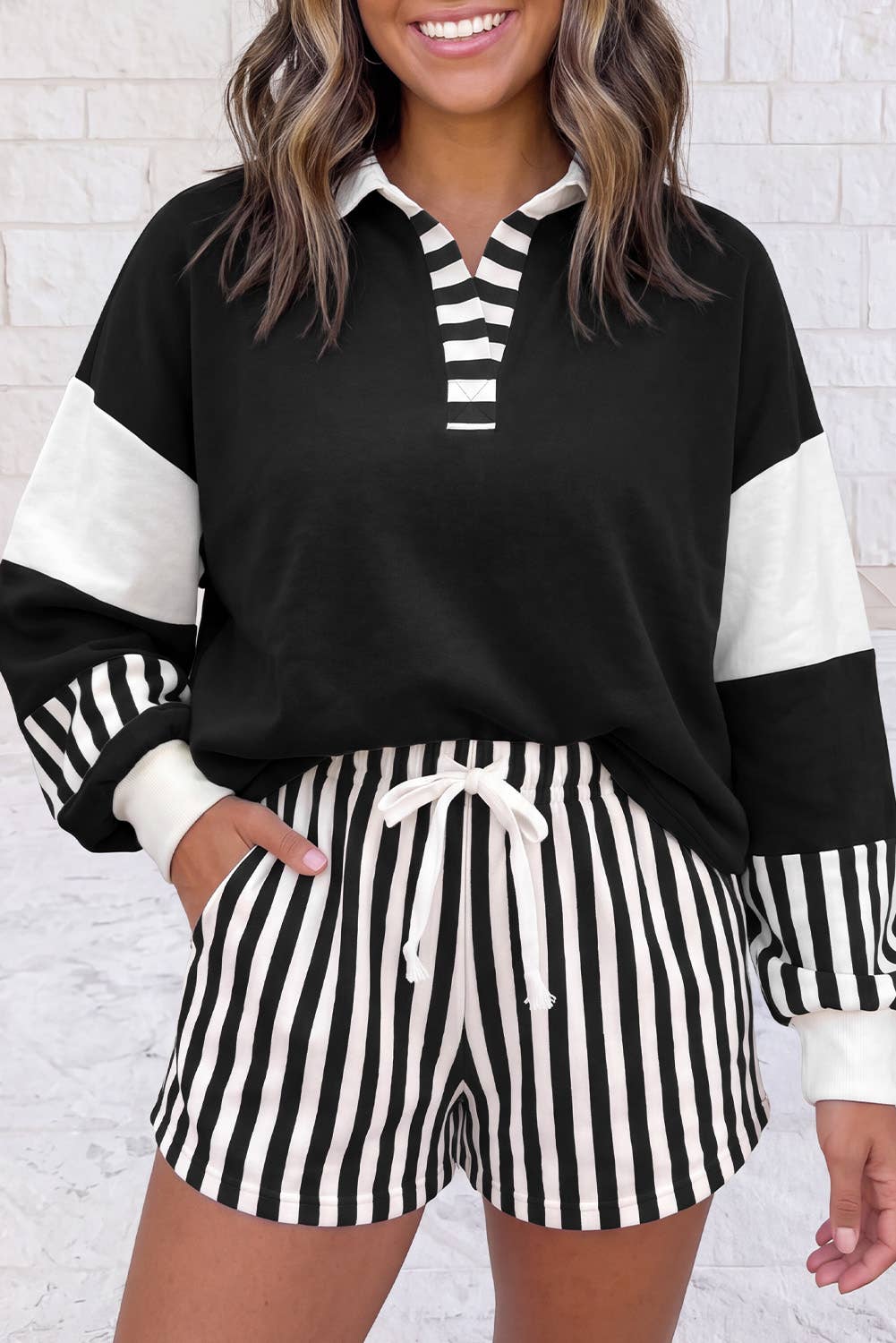 Striped Colorblock Sweatshirt & Shorts Set