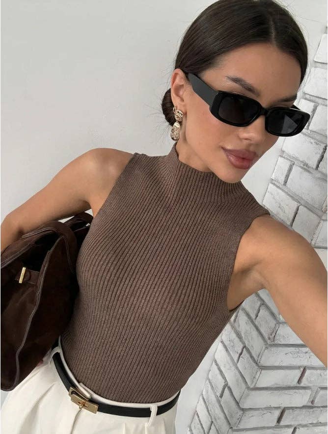 Old Money Ribbed Knit Mock Neck Sleeveless Tank Top