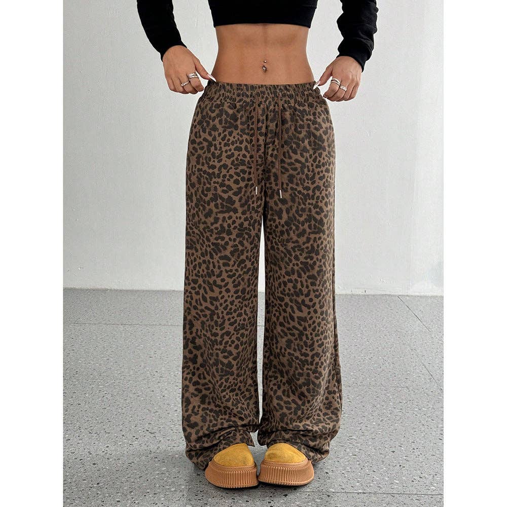 Leopard Print Wide Leg Pants High Waist Pocket Casual