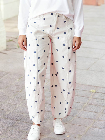 Polka Dot Print Ankle-length Barrel Jeans