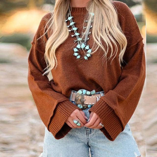 Crewneck Bell Sleeve Knit Sweater with Relaxed Fit