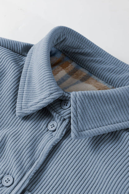 Stone Blue Plaid Corduroy Reversible Button Up Shacket