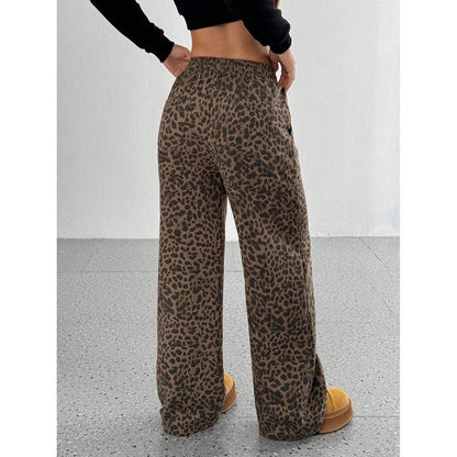 Leopard Print Wide Leg Pants High Waist Pocket Casual