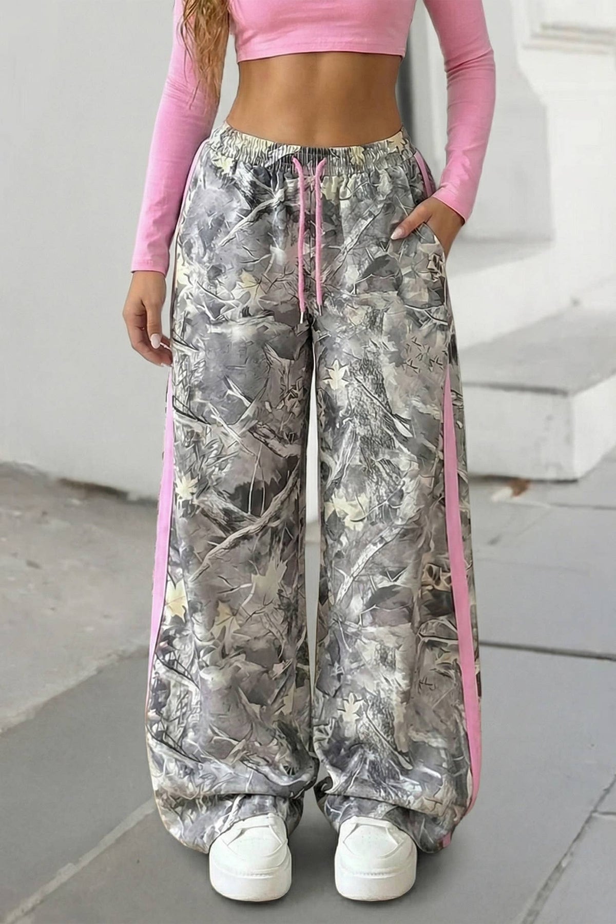 Camo Detail Drawstring Wide Leg Sweatpants