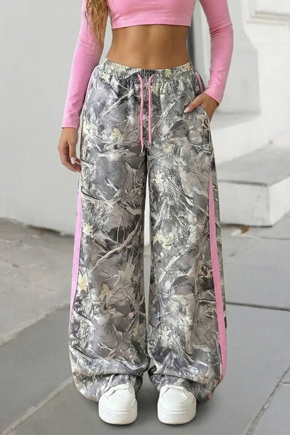 Camo Detail Drawstring Wide Leg Sweatpants