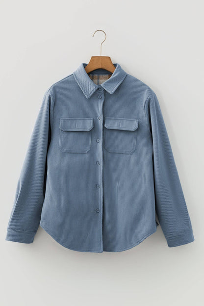 Stone Blue Plaid Corduroy Reversible Button Up Shacket