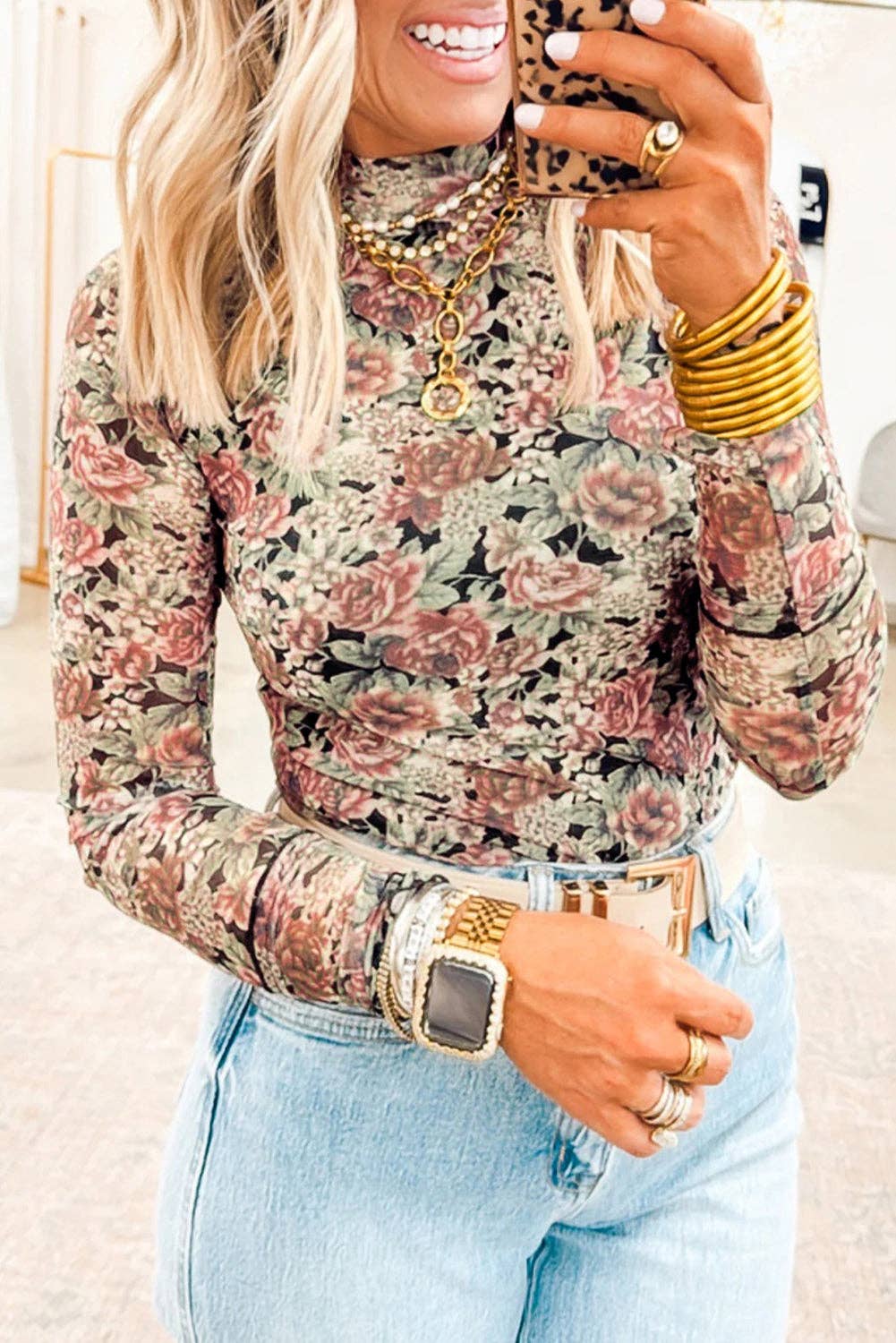Black Retro Floral Print Mock Neck Mesh Long Sleeve Top