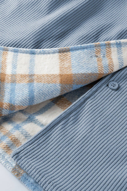 Stone Blue Plaid Corduroy Reversible Button Up Shacket