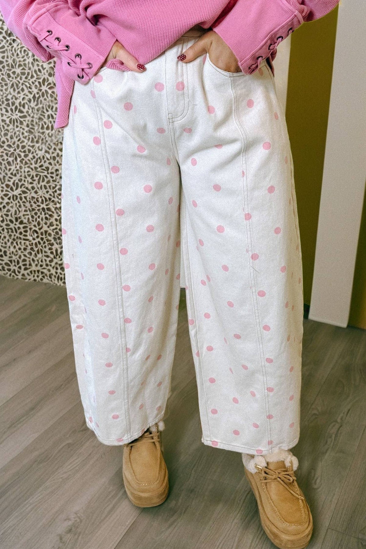 Polka Dot Print Ankle-length Barrel Jeans