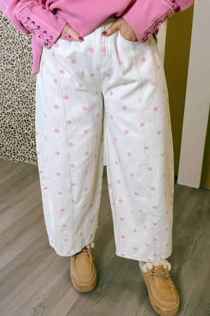Polka Dot Print Ankle-length Barrel Jeans