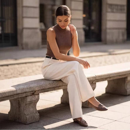 Old Money Ribbed Knit Mock Neck Sleeveless Tank Top