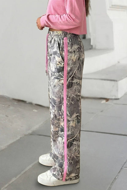 Camo Detail Drawstring Wide Leg Sweatpants