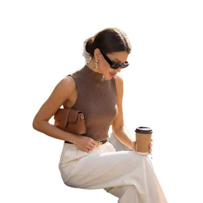 Old Money Ribbed Knit Mock Neck Sleeveless Tank Top