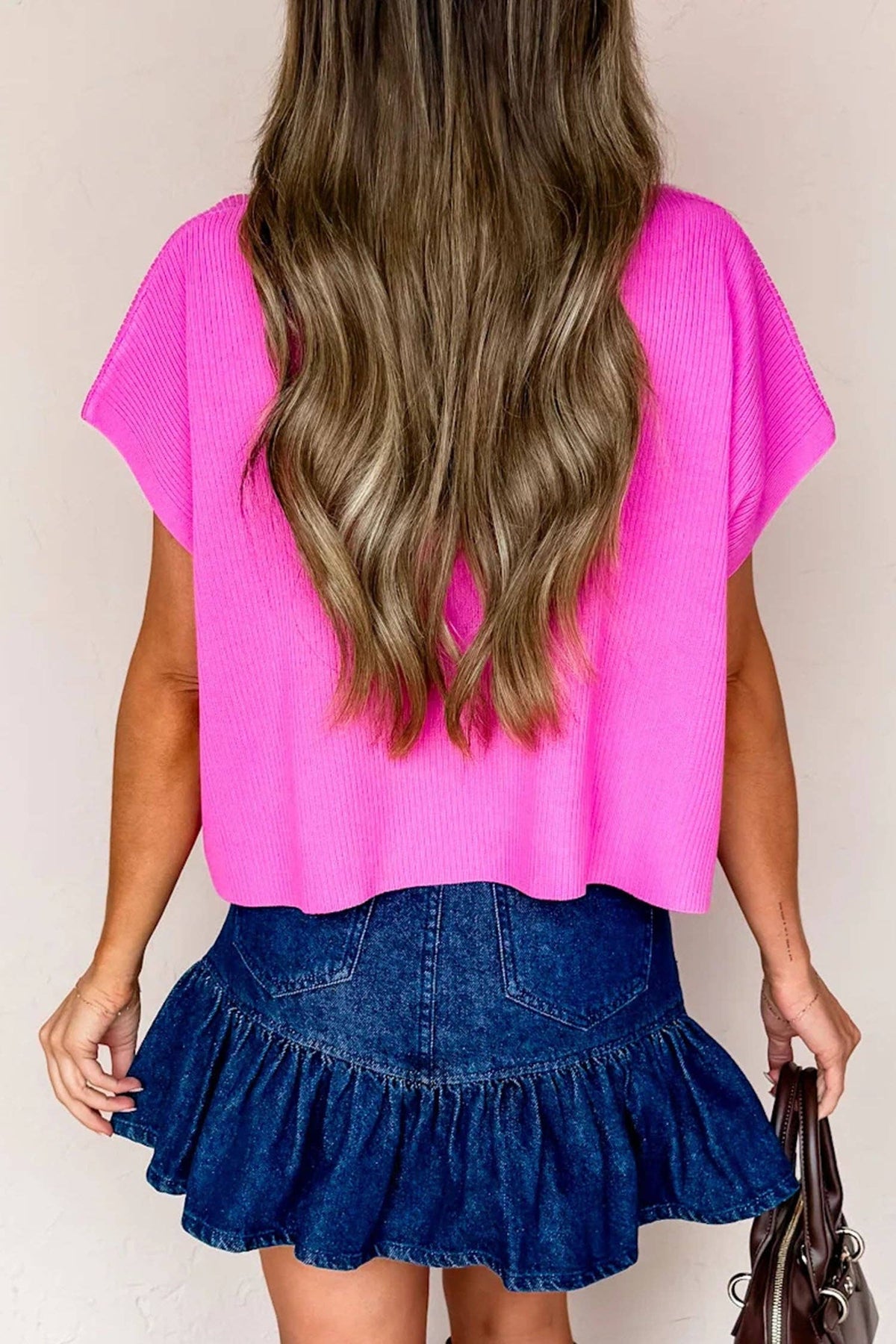 Bright Pink Solid Color Lightweight Ribbed Knit Mock Neck Sweater