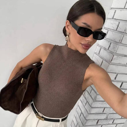 Old Money Ribbed Knit Mock Neck Sleeveless Tank Top