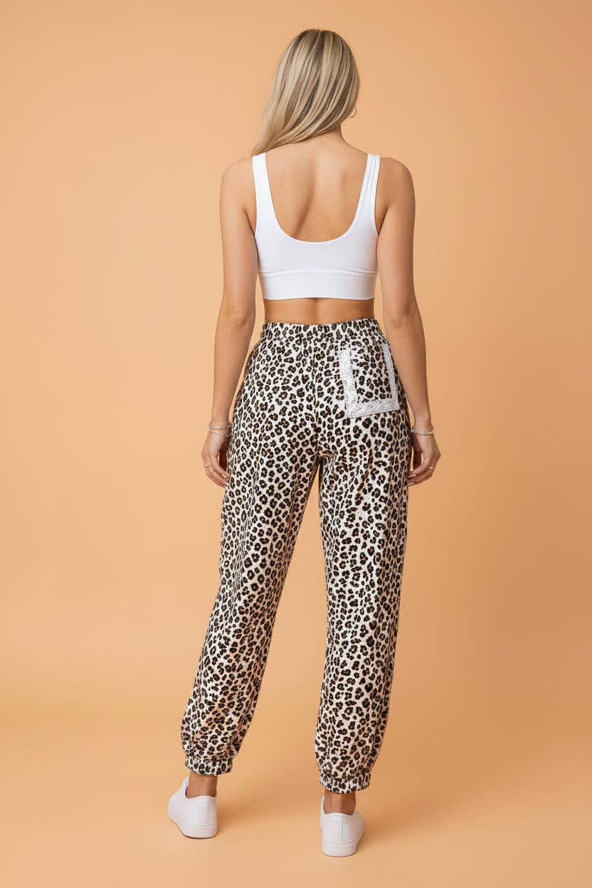Leopard Lace Side Stripe Elastic Jogger Pants